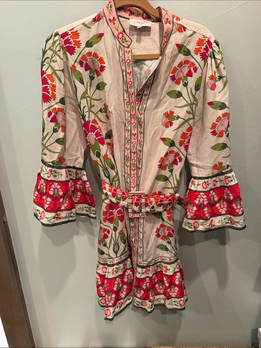 Floral Tie-Waist Trench Coat in Cream with Red & Green Print
